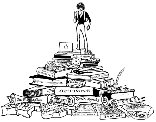 Picture of a man standing at the top of a pile of books, scrolls, CDs, cassettes etc.